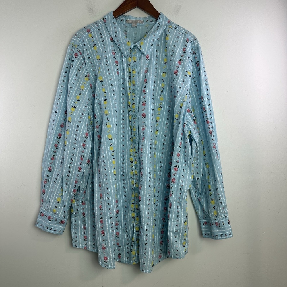 Woman Within  Plus Size 30/32 Blue Floral button down Cotton long sleeve